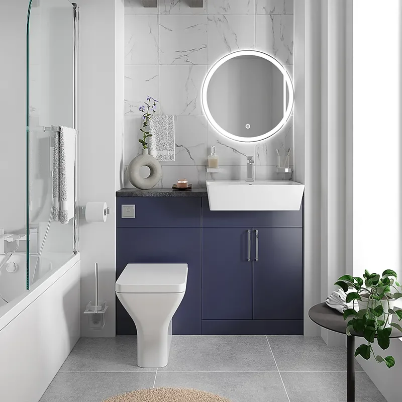 oliver navy blue 1100 fitted furniture small bath suite chrome handles