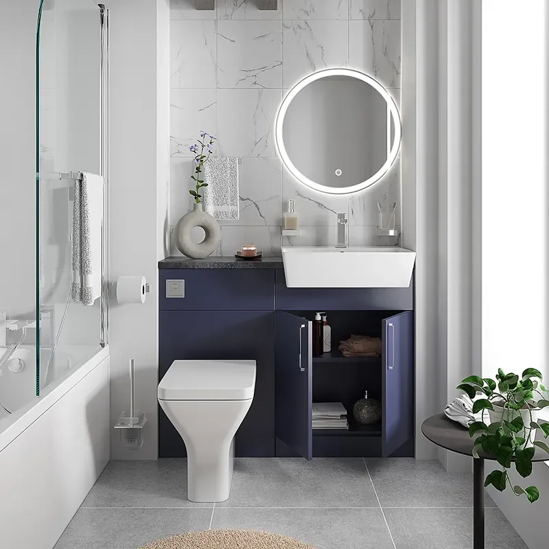 oliver navy blue 1100 fitted furniture small bath suite chrome handles