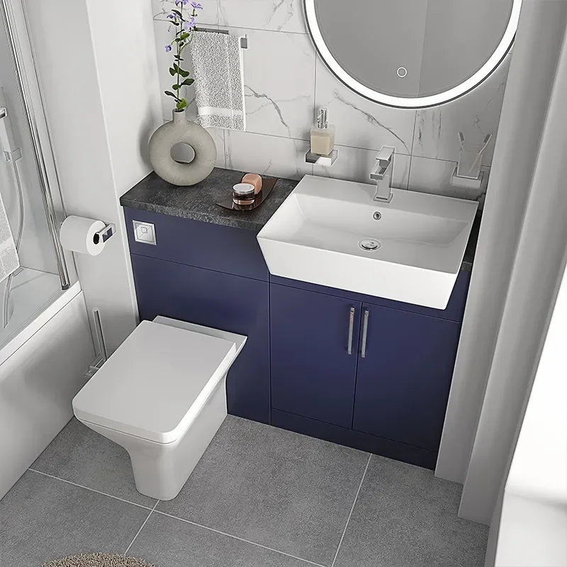 oliver navy blue 1100 fitted furniture small bath suite chrome handles