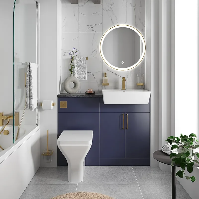 oliver navy blue 1100 fitted furniture small bath suite gold handles