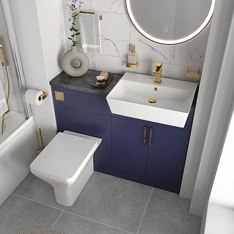 oliver navy blue 1100 fitted furniture small bath suite gold handles