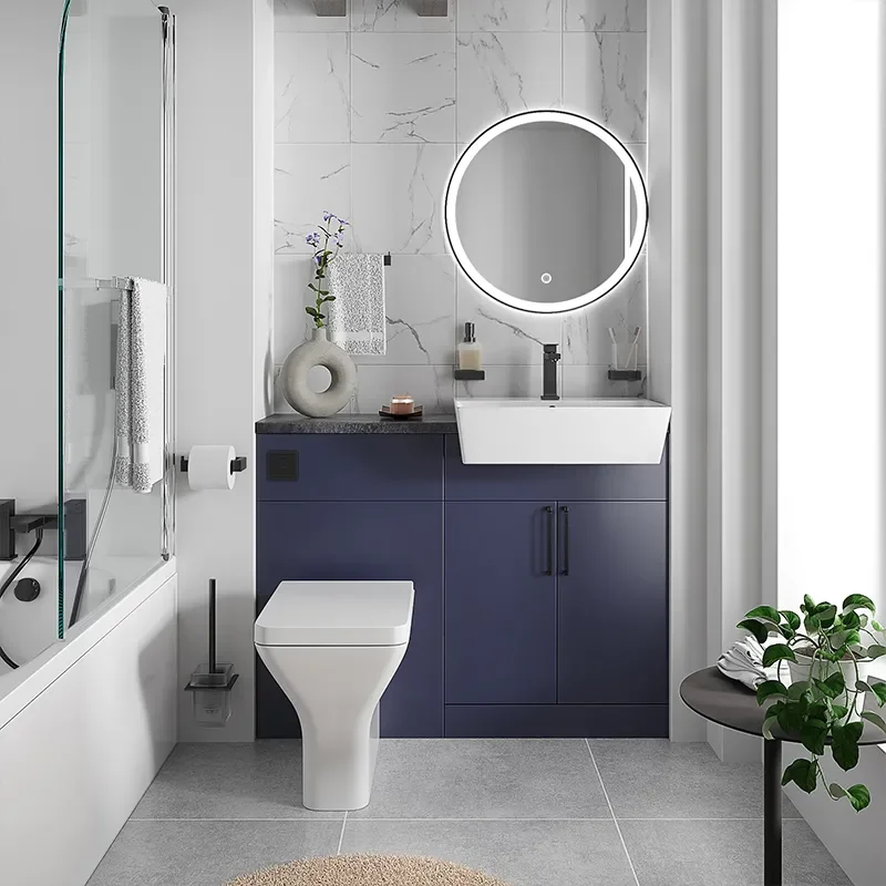 oliver navy blue 1100 fitted furniture small bath suite black handles