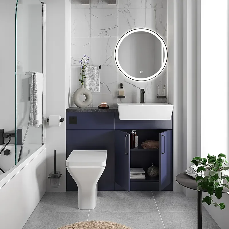 oliver navy blue 1100 fitted furniture small bath suite black handles