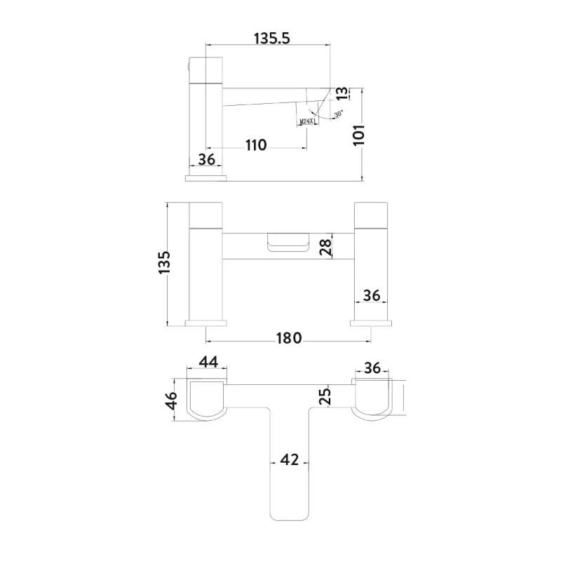 Technical Drawing for Muro Black Shower Bath Filler Tap with Handset and Hose