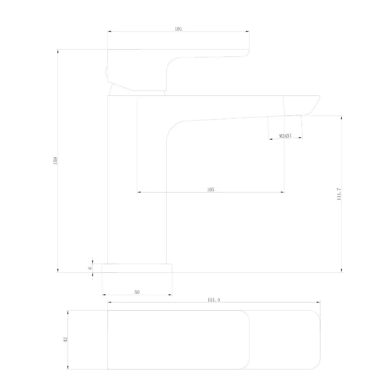 Technical Drawing with Dimensions for Muro Basin Monobloc Mixer Tap with Waste