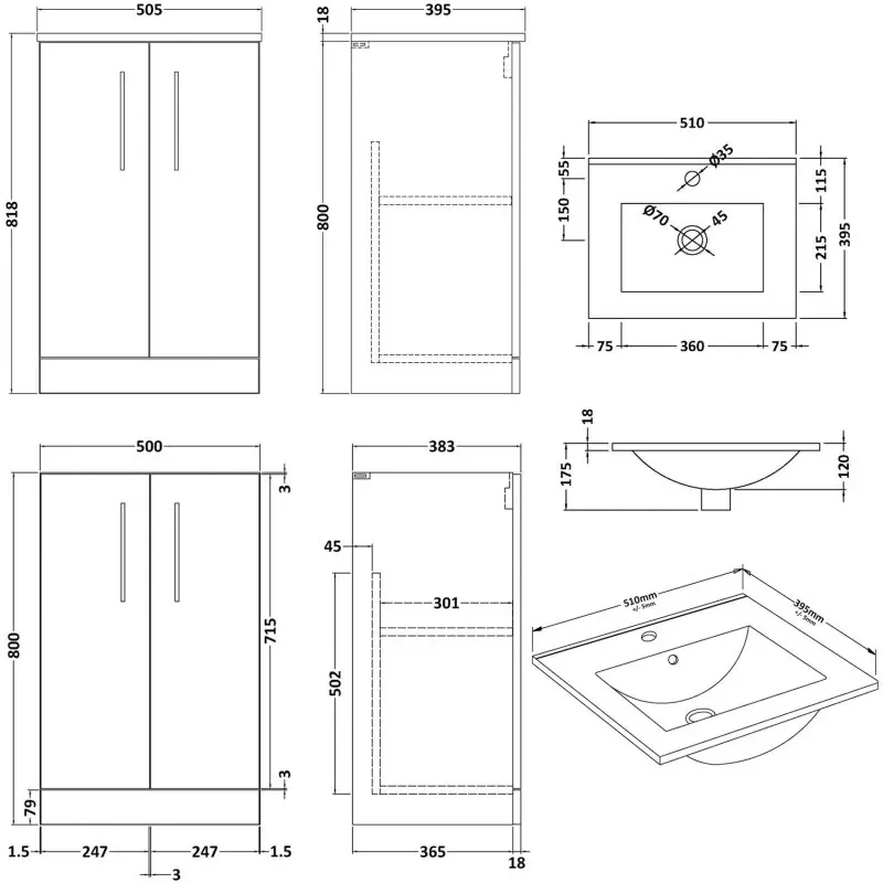 Line Drawing for Fab 500 Vanity Unit