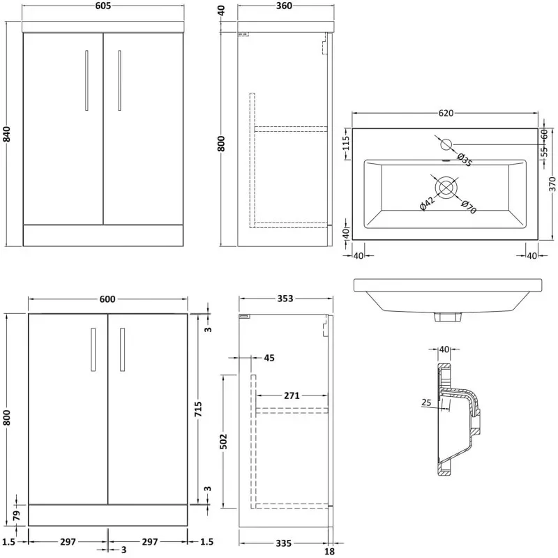 Line Drawing for Fab 600 Vanity Unit