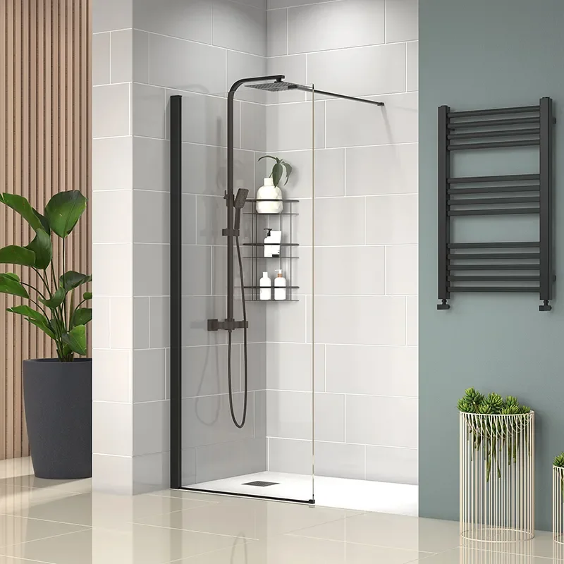 radiant black 1400 walkin recess shower enclosure black tray