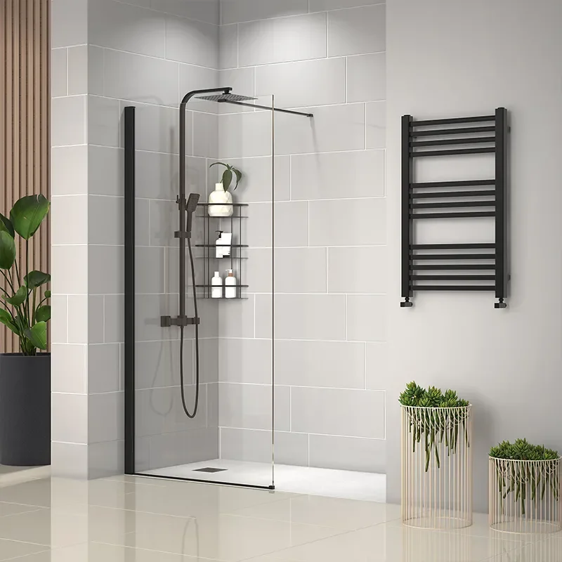 radiant black 1600 walkin recess shower enclosure black tray