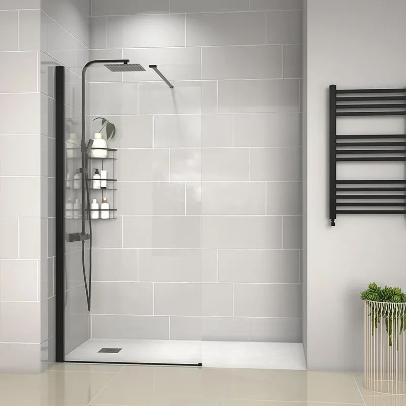radiant black 1600 walkin recess shower enclosure black tray
