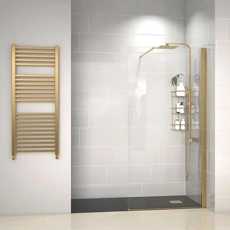 radiant gold 1400 walkin recess shower enclosure black tray