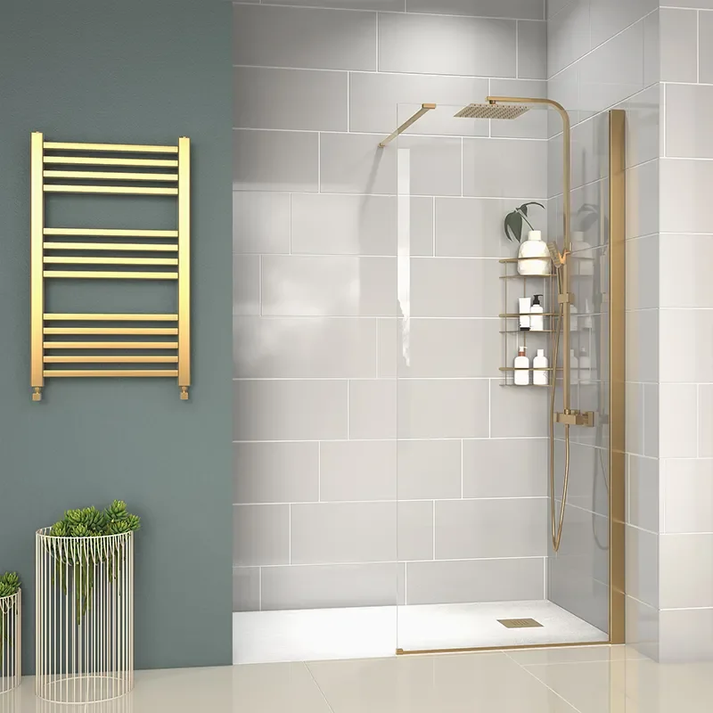 radiant gold 1400 walkin recess shower enclosure black tray