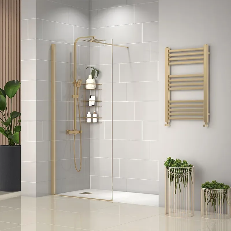 radiant gold 1600 walkin recess shower enclosure black tray