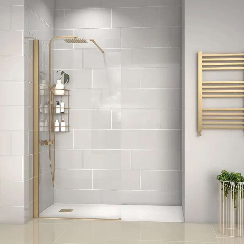 radiant gold 1600 walkin recess shower enclosure black tray