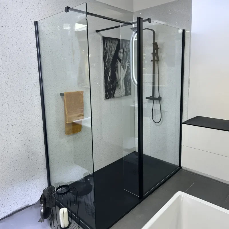 radiant black 1800 walkin corner shower enclosure slate tray black white