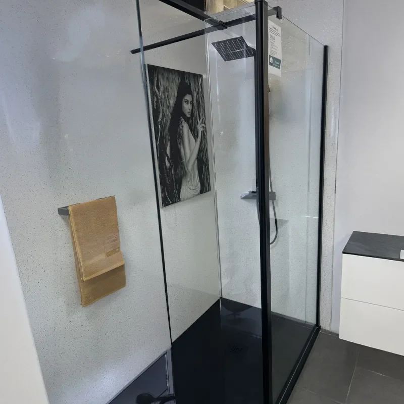 radiant black 1800 walkin corner shower enclosure slate tray black white