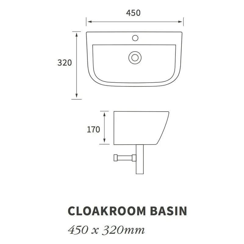 Cedarwood Small Wallhung Sink with One Taphole & Bottle Trap : 450 x 320mm