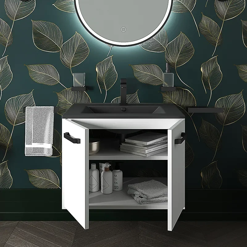 celeste 600 wall white vanity unit black sink