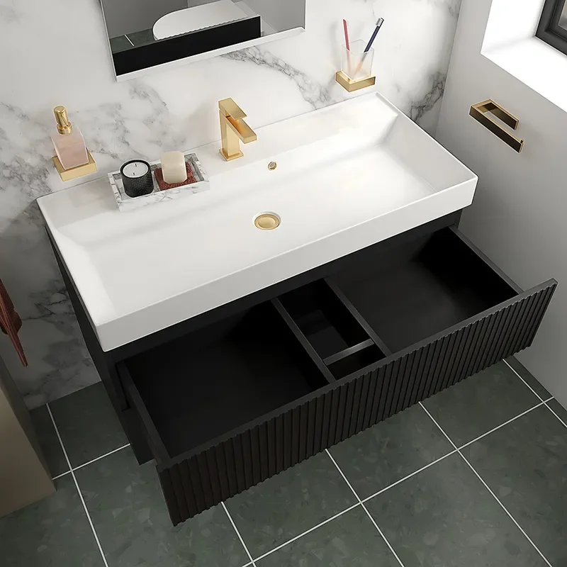 jasmine 1000 black wall vanity unit with white basin