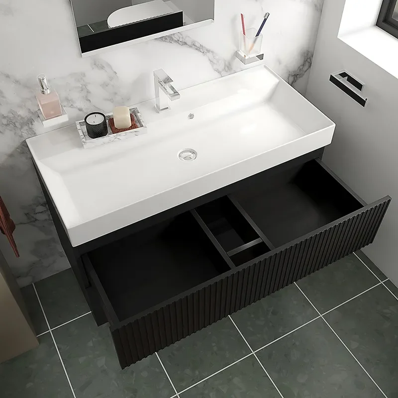jasmine 1000 black wall vanity unit with white basin