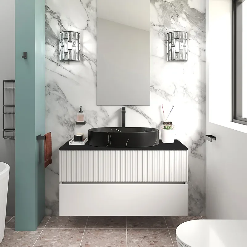 jasmine 1000 white wall vanity unit with black basin