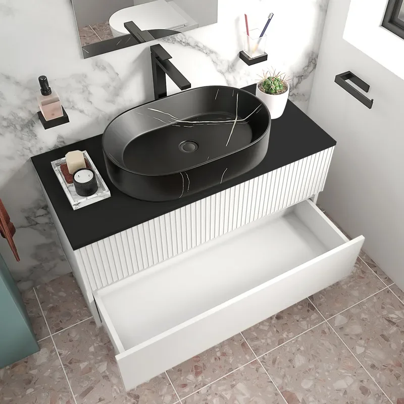 jasmine 1000 white wall vanity unit with black basin