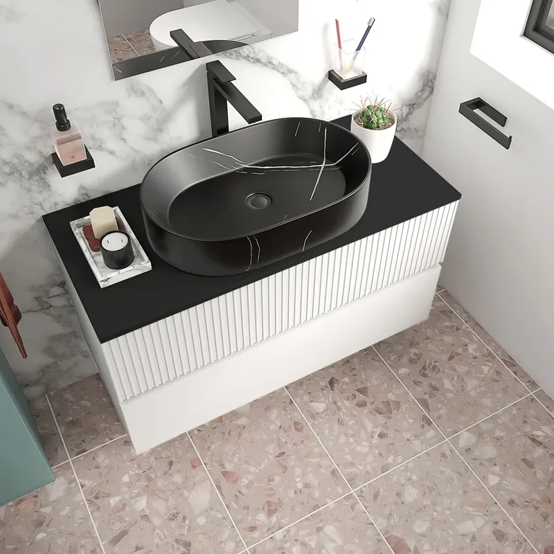 jasmine 1000 white wall vanity unit with black basin