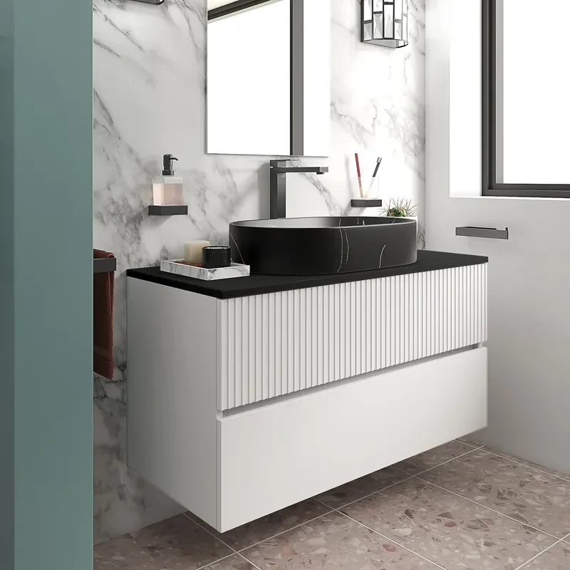 jasmine 1000 white wall vanity unit with black basin