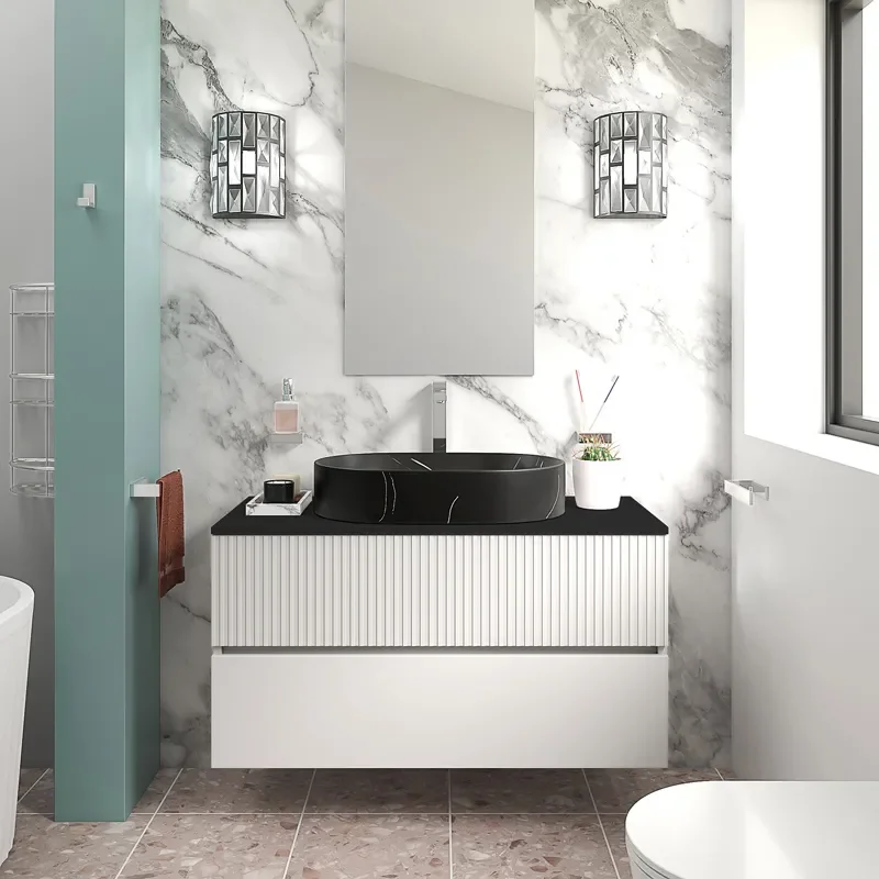 jasmine 1000 white wall vanity unit with black basin