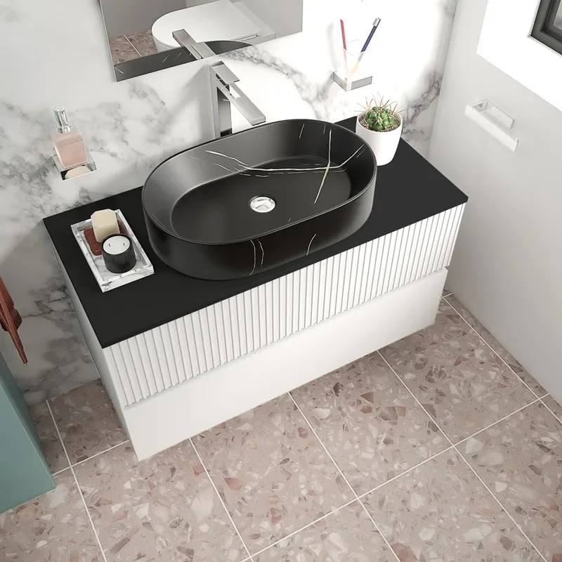 jasmine 1000 white wall vanity unit with black basin