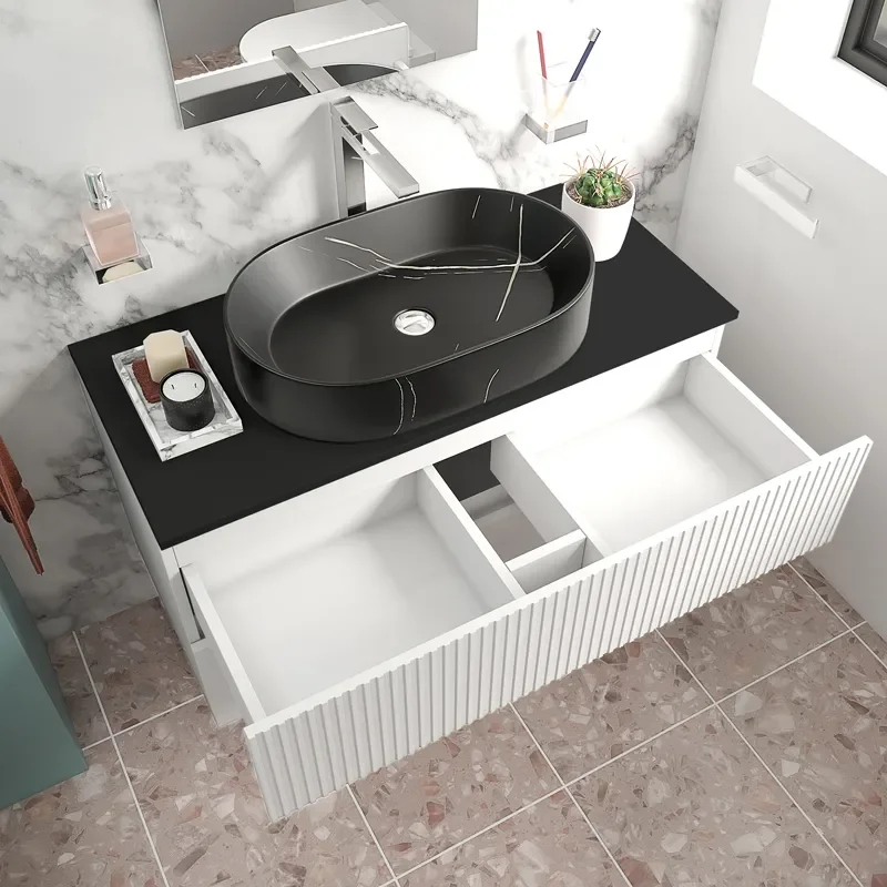 jasmine 1000 white wall vanity unit with black basin