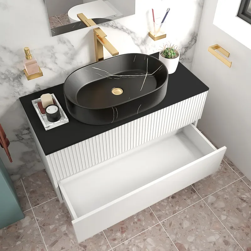 jasmine 1000 white wall vanity unit with black basin