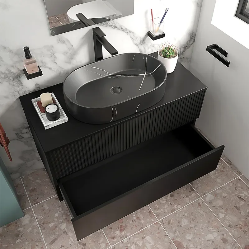 jasmine 1000 black wall vanity unit with black sink