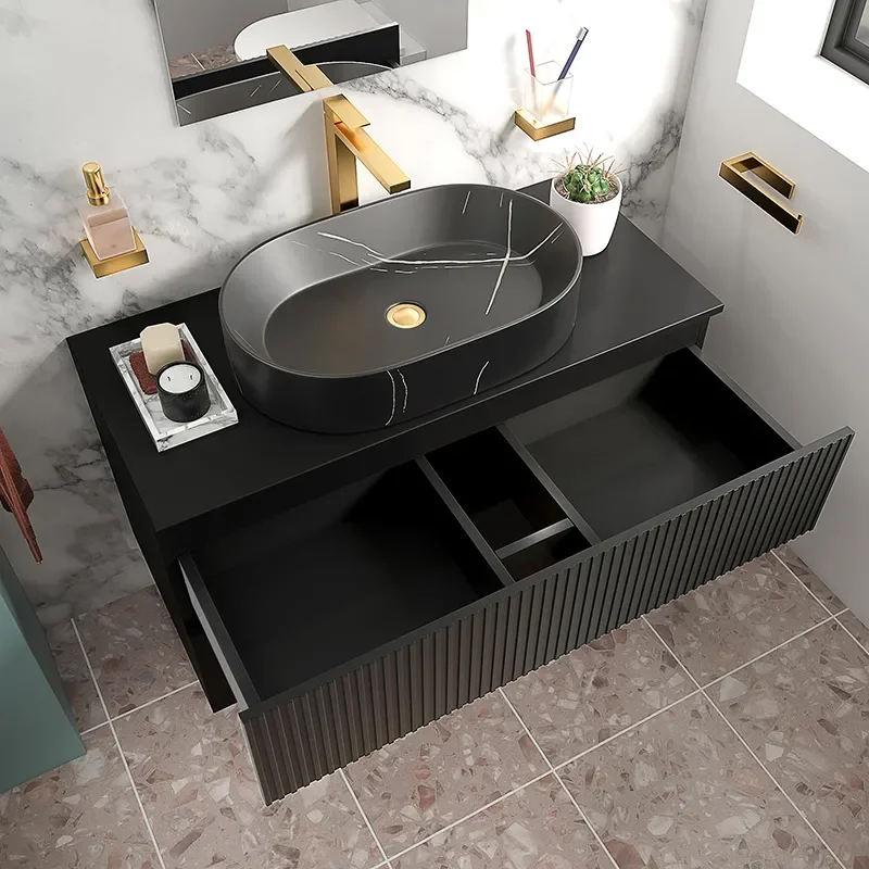 jasmine 1000 black wall vanity unit with black sink