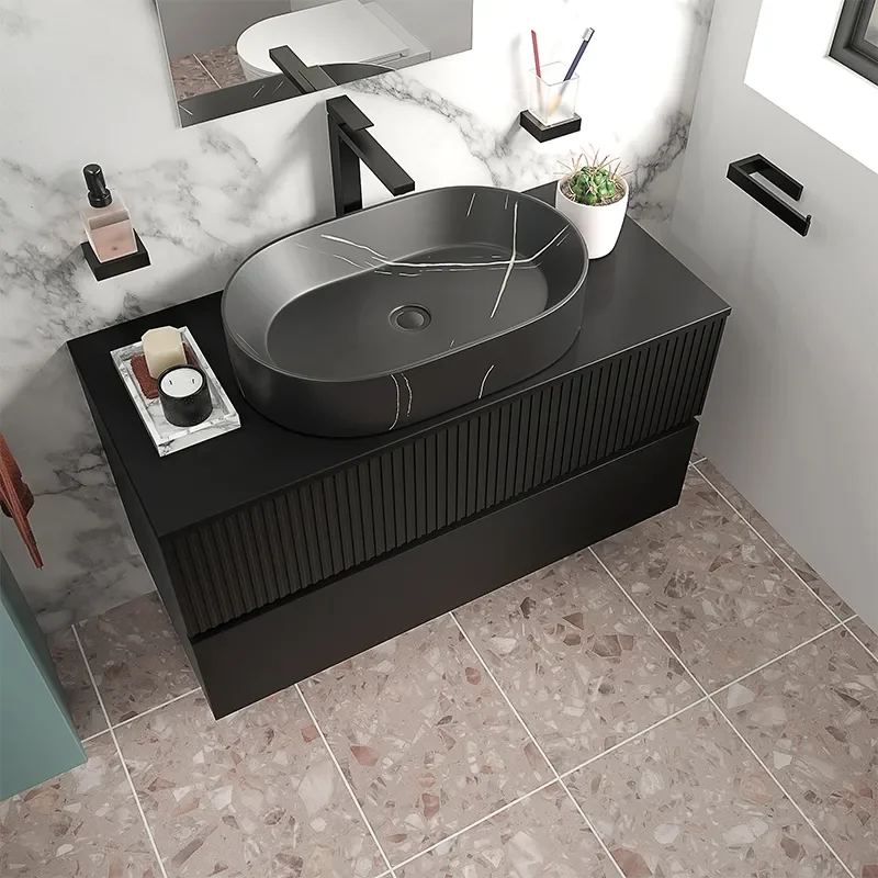 jasmine 1000 black wall vanity unit with black sink