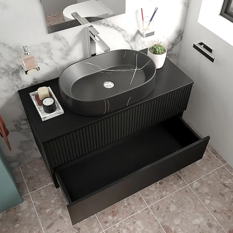 jasmine 1000 black wall vanity unit with black sink