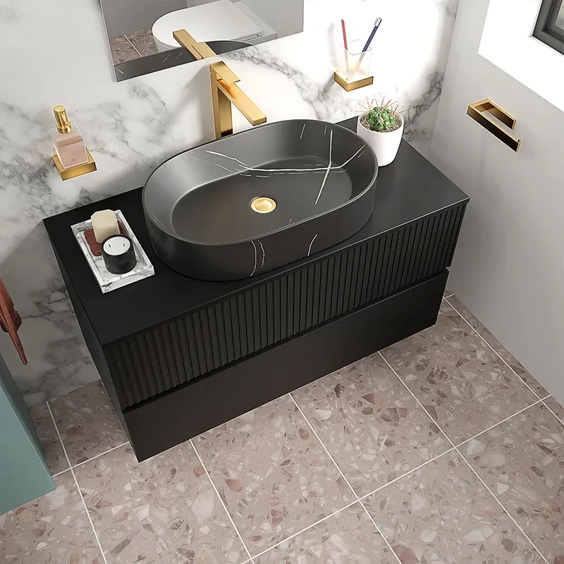 jasmine 1000 black wall vanity unit with black sink