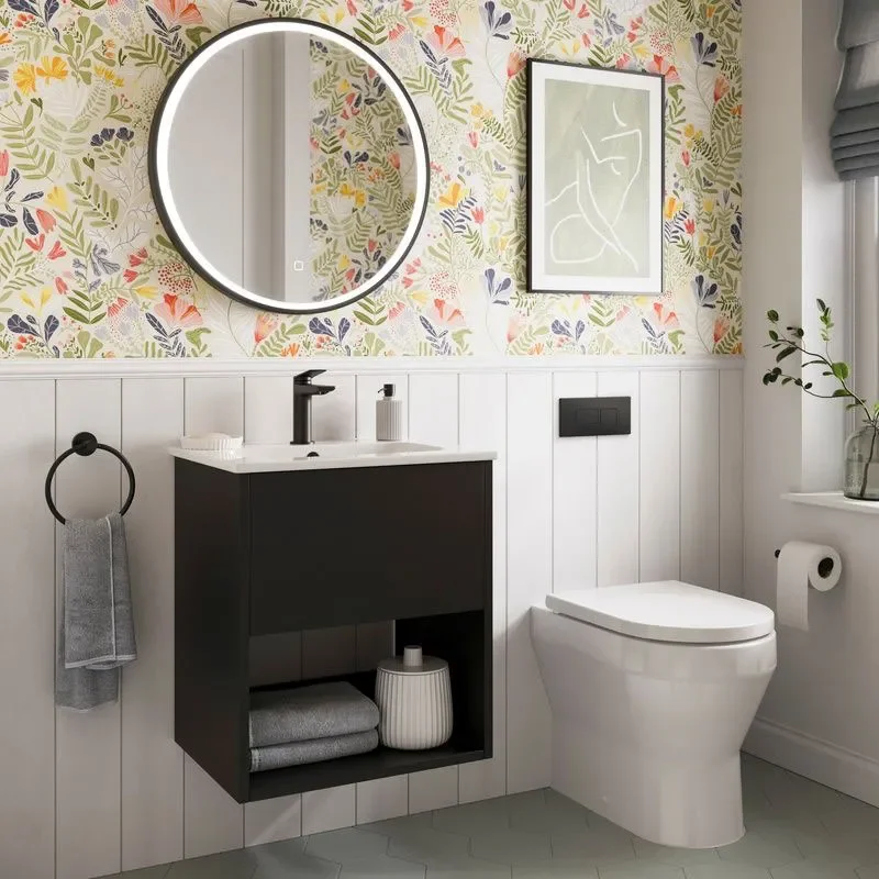 britton hackney 500mm wall hung black vanity unit with optional black tap