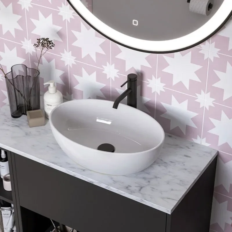 britton hackney 900mm wall hung black vanity unit with open shelves and countertop basin