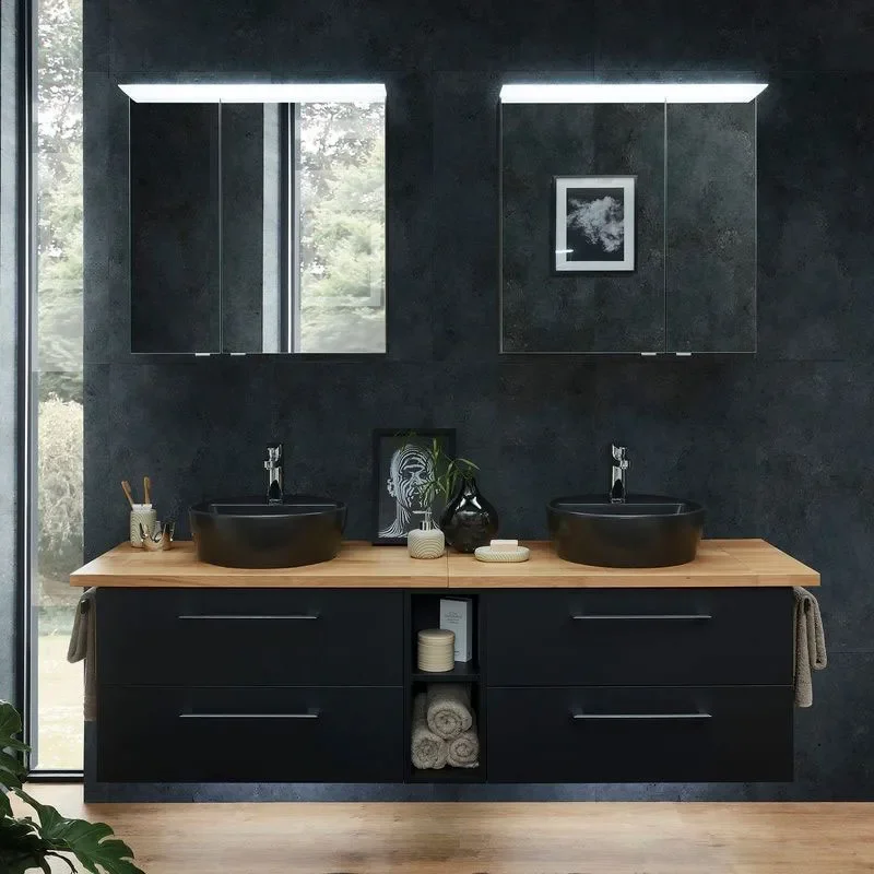 pelipal 9005 1820mm large wall hung vanity unit with double black basins and worktop