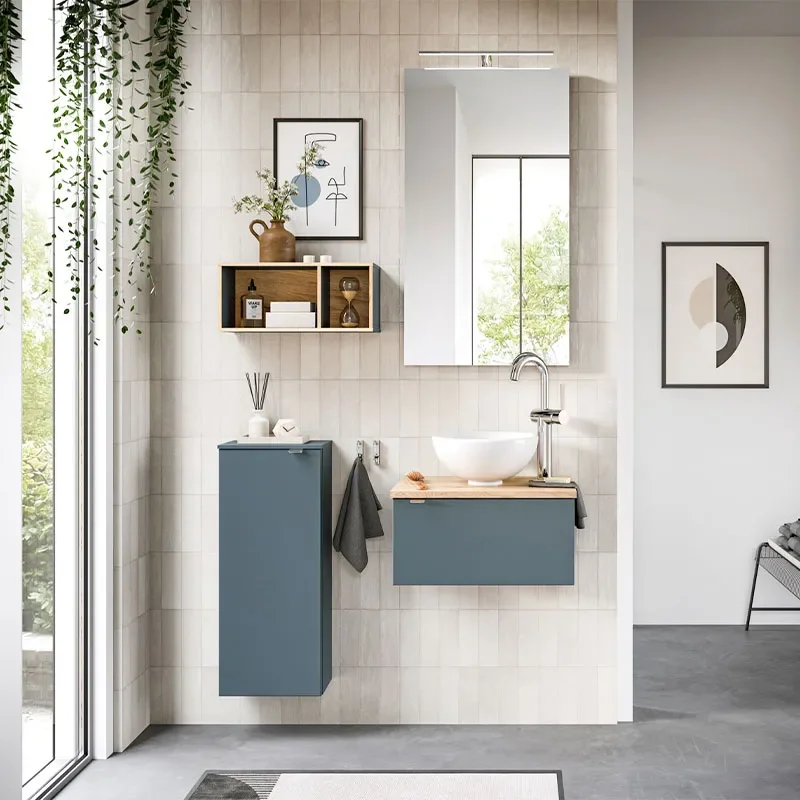 pelipal 6915 500mm cloakroom wall hung right hand vanity unit with worktop & round countertop basin (optional mirror, wall cabinet and shelves)