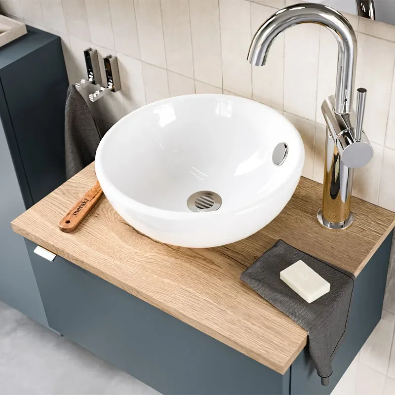 pelipal 6915 500mm cloakroom wall hung right hand vanity unit with worktop & round countertop basin (optional mirror, wall cabinet and shelves)