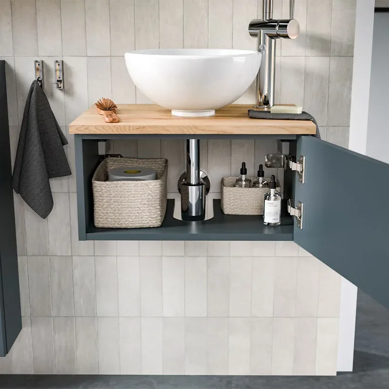 pelipal 6915 500mm cloakroom wall hung right hand vanity unit with worktop & round countertop basin (optional mirror, wall cabinet and shelves)