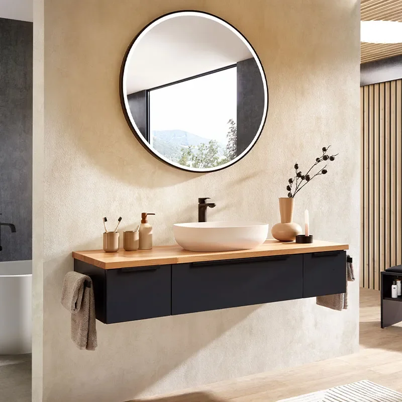 pelipal series 9005 1370mm large wall hung vanity unit with oak worktop & countertop basin. optional tap, waste & round mirror