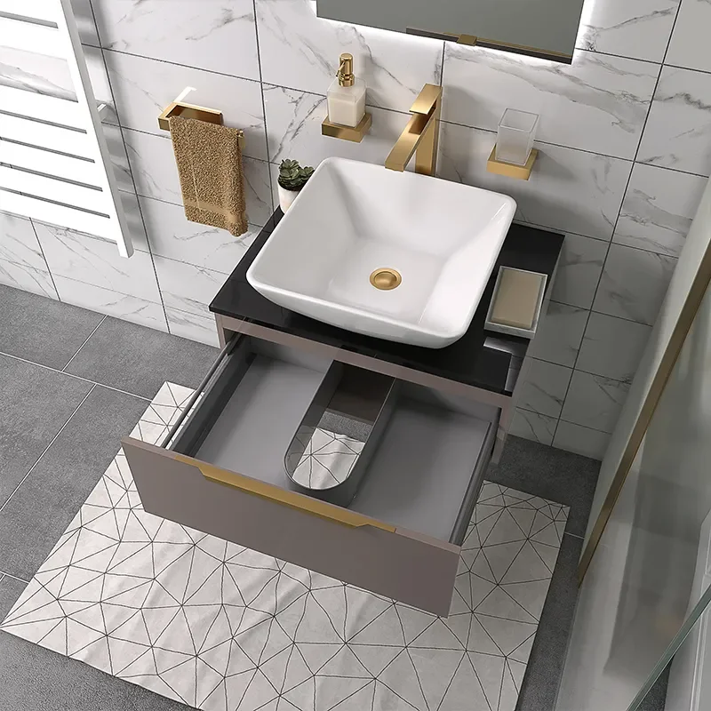 pemberton gold 600mm wall hung countertop sink drawer unit black glass top