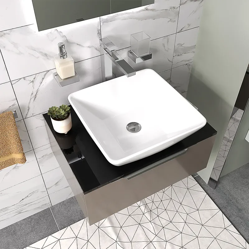 pemberton gold 600mm wall hung countertop sink drawer unit black glass top