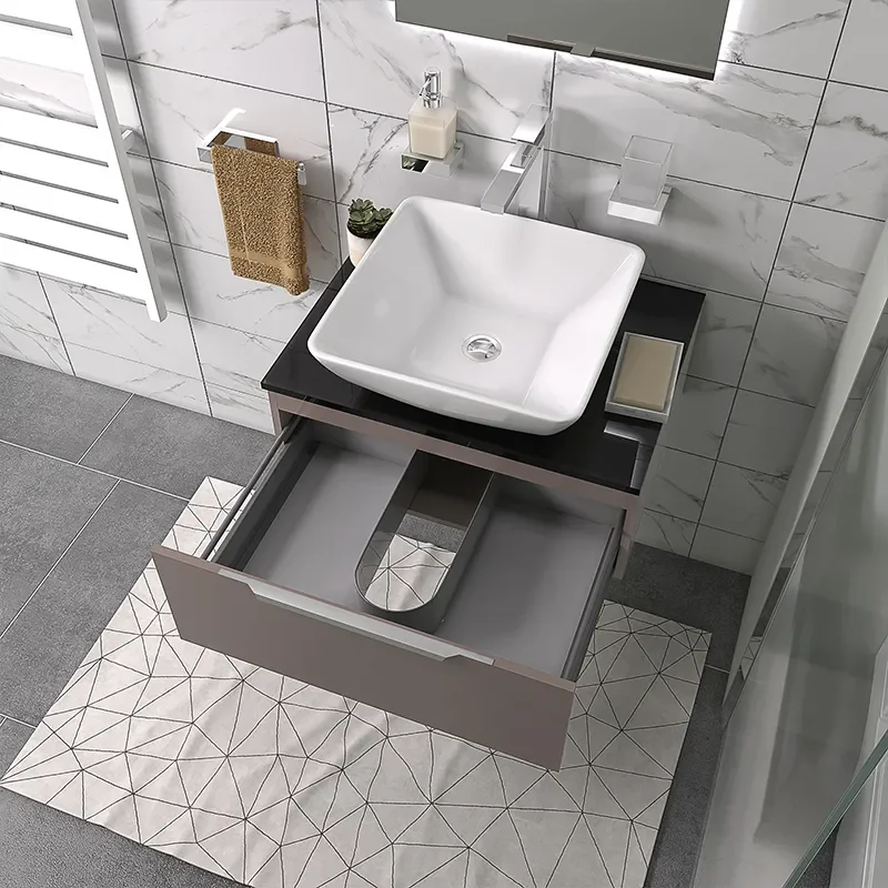 pemberton gold 600mm wall hung countertop sink drawer unit black glass top