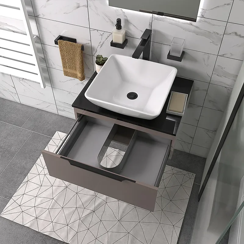 pemberton gold 600mm wall hung countertop sink drawer unit black glass top