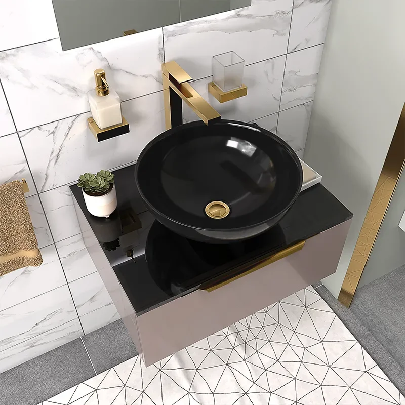 pemberton gold 600mm wall hung black sink unit black glass top