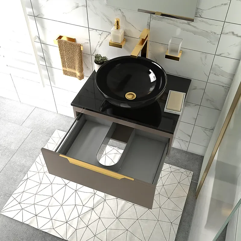 pemberton gold 600mm wall hung black sink unit black glass top